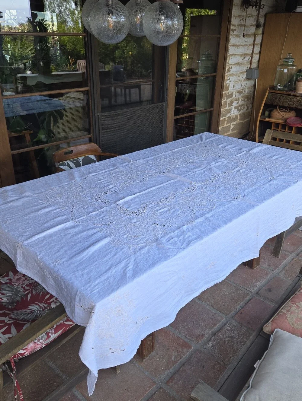 Vintage Linen Rectangular Tablecloth Delicate Embroidery Cutwork 94